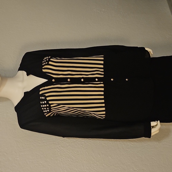 Vtg UNO CORE 1990s Black and Tan Striped Studded Chiffon Button Down Blouse - Picture 2 of 7